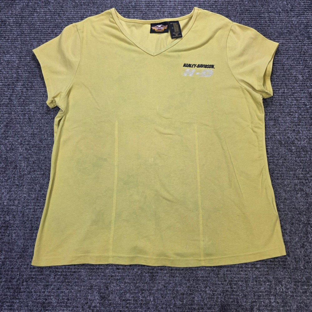 Harley-Davidson Y2K Tee Women's Size 1W Green V-Neck Embroidered Logo Made USA